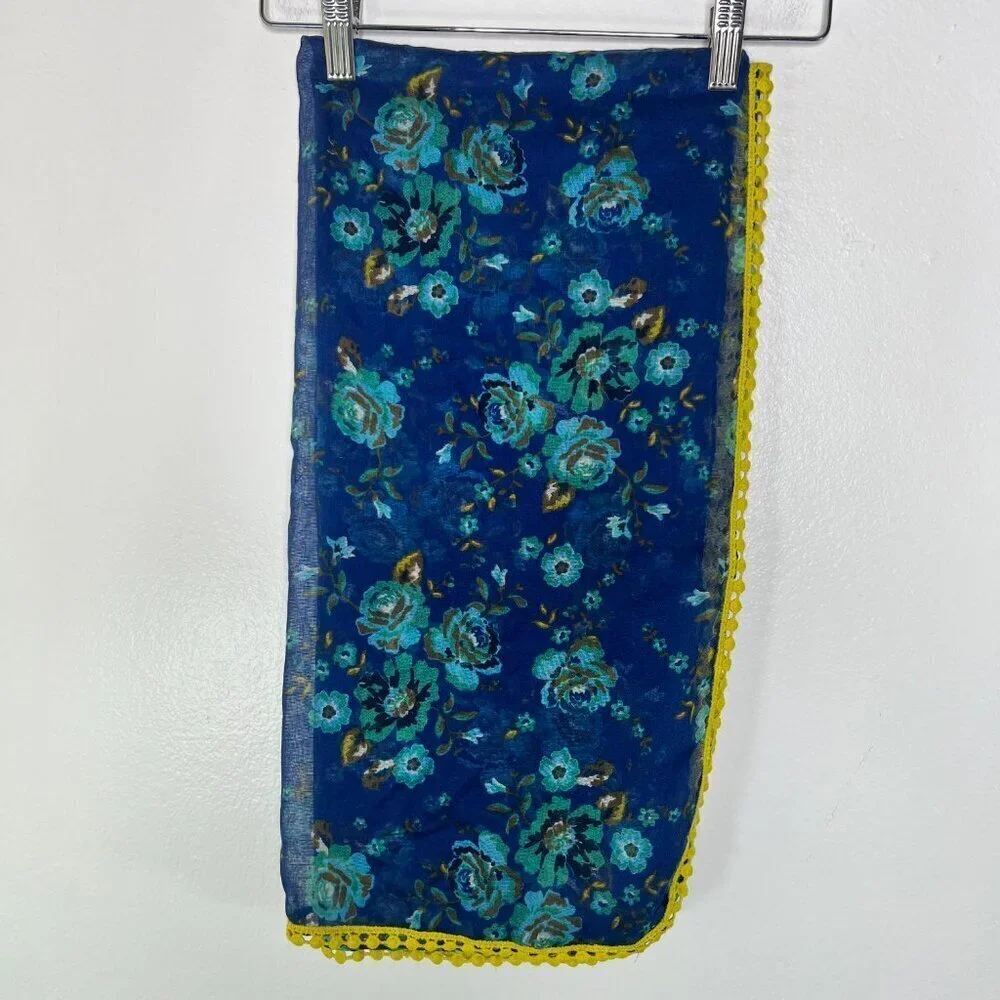 Women's‎ Square Scarf 40 in Blue Floral Yellow Crochet Hem Sheer Vibrant Coverup